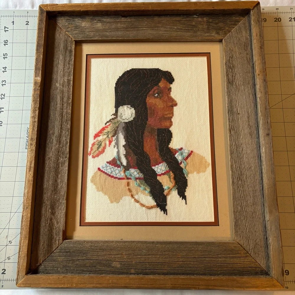 Needlepoint Counted Cross-stitch native American Indian Princess Maden Framed